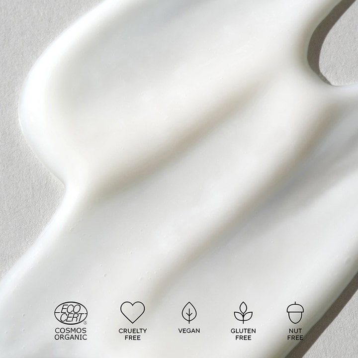 MÁDARA HIS After Shave Serum 75 ml beroligende ansigtsserum viser en hvid cremet tekstur og veganske ikoner