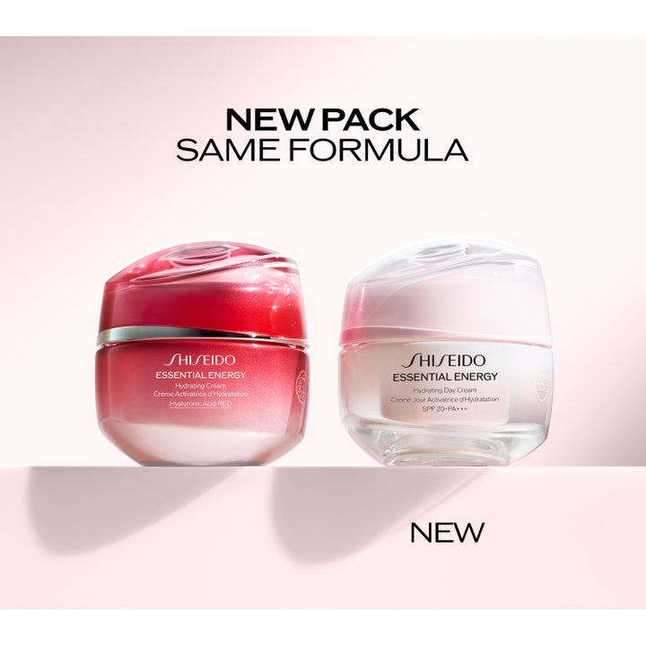 Shiseido Essential Energy Hydrating Day Cream 50 ml i rød krukke med synlig cremet hvid tekstur