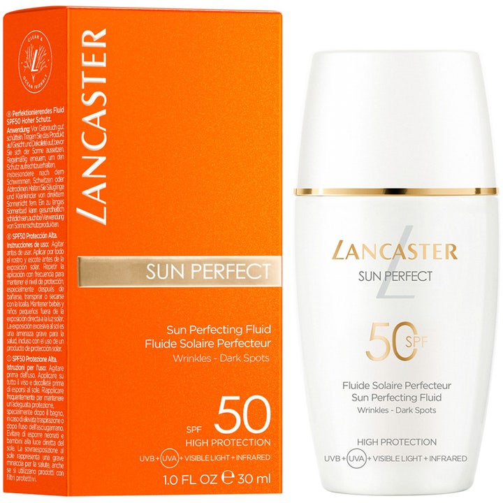 Lancaster Sun Perfect Sun Perfecting Fluid 30 ml solcreme til ansigtet SPF 50 mod rynker i hvid flaske med guld