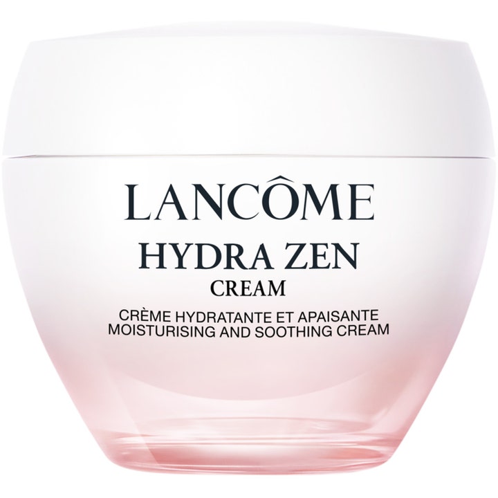 Lancôme Hydra Zen Cream fugtgivende ansigtscreme i en rund lyserød glaskrukke med hvidt låg der beroliger huden