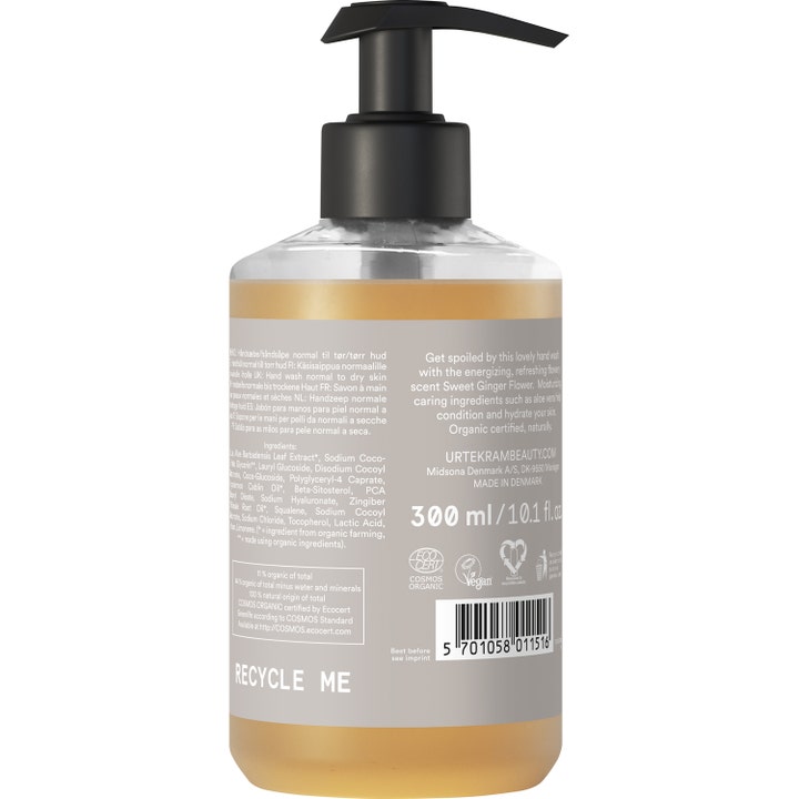 Urtekram Sweet Ginger Flower 300 ml fugtgivende håndsæbe bagside af flaske med sort pumpe og ravfarvet indhold