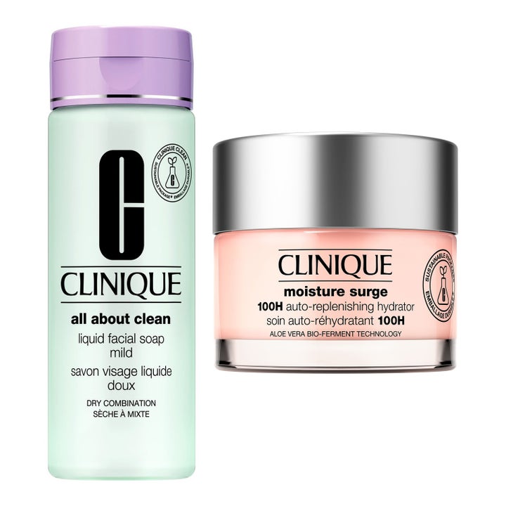 Clinique All About Clean og Moisture Surge 100H sæt med mintgrøn renseflaske og lyserød ansigtscreme i krukke