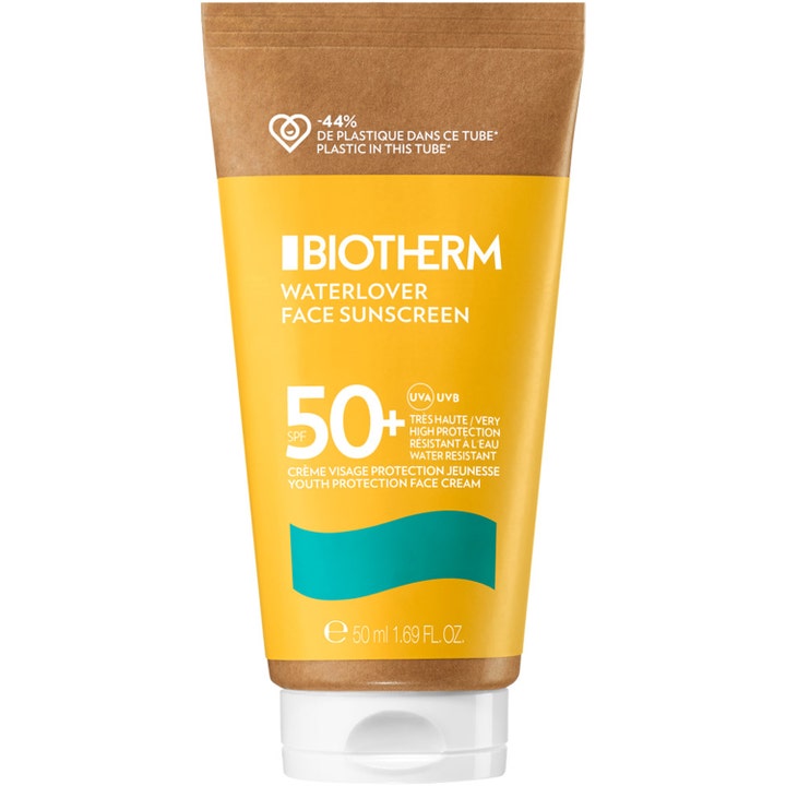 Biotherm Waterlover Face Sunscreen 50 ml solcreme giver SPF 50 beskyttelse i gul tube med brun top og hvidt låg