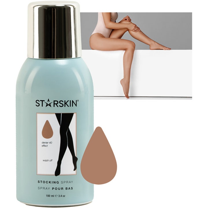 Starskin Stocking Spray 100 ml giver fejlfri ben i lyseblå sprayflaske med sølvlåg og livsstilsbillede.
