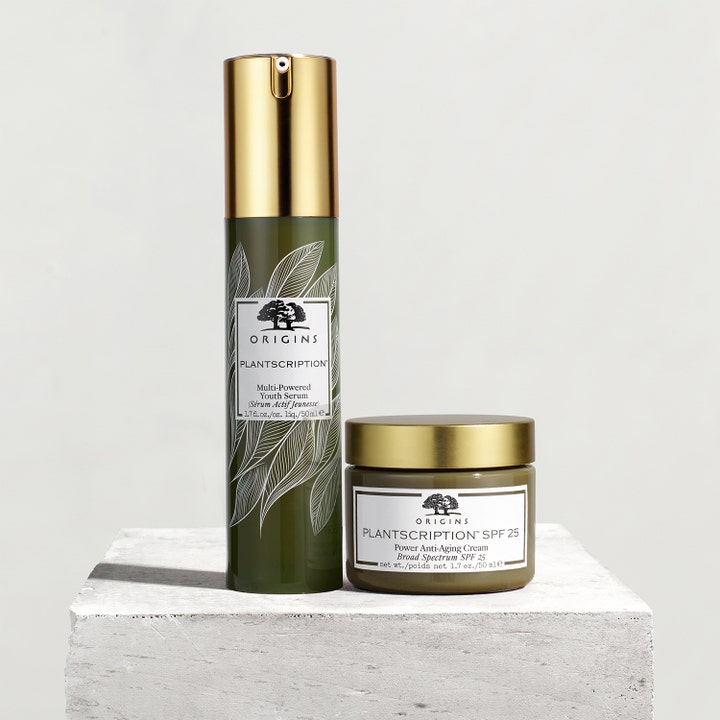 Origins Plantscription Multi-Powered Youth Serum 50 ml anti-aging serum i grøn flaske og krukke med guldlåg