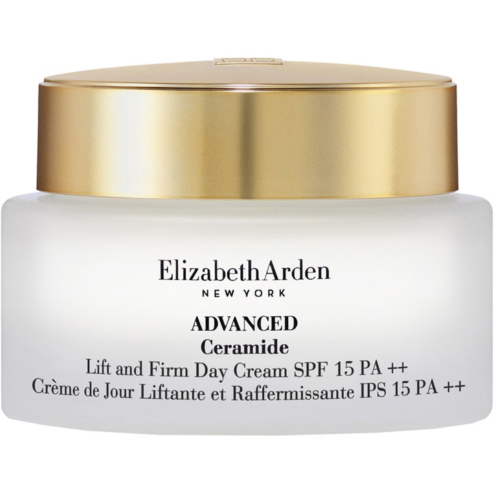 Elizabeth Arden Advanced Ceramide Lift and Firm Day Cream SPF 15 opstrammende dagcreme i frostet glaskrukke med guldlåg