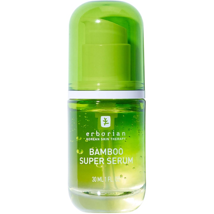 Erborian Bamboo Super Serum 30 ml fugtgivende serum i klar grøn glasflaske med synlig geltekstur og pumpe