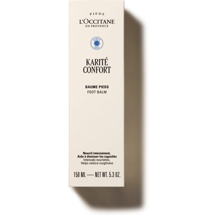 L'Occitane Shea Butter Foot Balm 150 ml plejende fodcreme i en enkel hvid og beige papæske