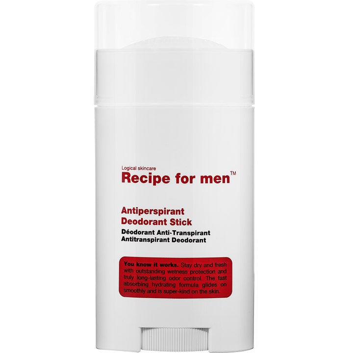 Recipe for men Antiperspirant Deodorant Stick mod sved i hvid plastemballage med gennemsigtigt låg og rød tekst