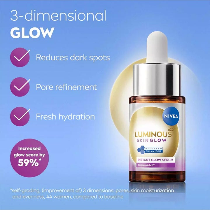 NIVEA Luminous630 Skin Glow 15 ml serum med Thiamidol i brun glasflaske med pipette og sølvlåg