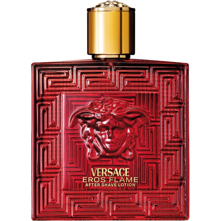 Versace Eros Flame 100 ml after shave lotion beroliger huden i en rød glasflaske med præget Medusa og guldlåg