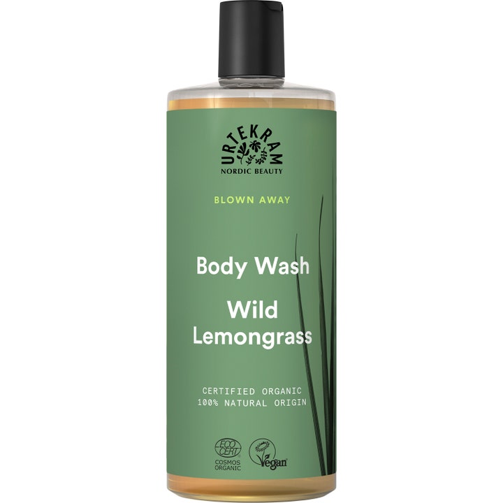 Urtekram Wild Lemongrass Body Wash 500 ml opfriskende kropspleje i klar flaske med grøn etiket og sort låg.