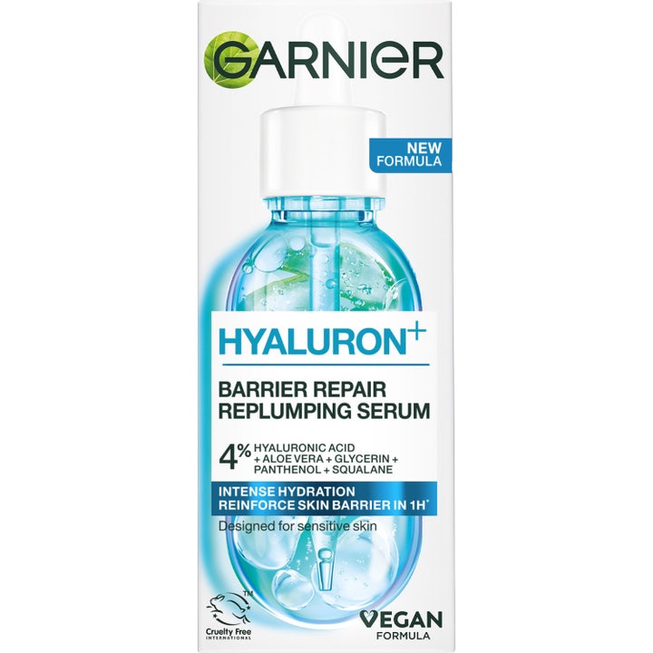 Garnier Hyaluron+ Barrier Repair Replumping Serum 30 ml fugtgivende hyaluronsyraserum i hvid æske med blå grafik