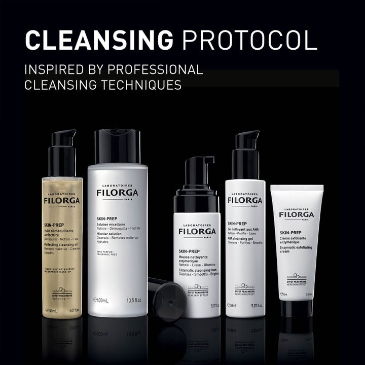 Filorga Skin-Prep Aha Cleansing Gel 150 ml eksfolierende rengøringsgel i hvid flaske med sort pumpe