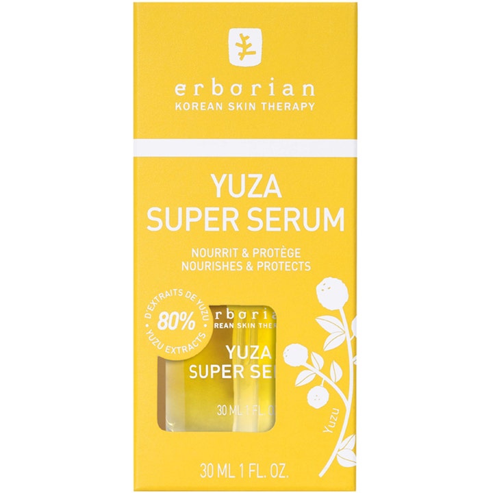 Erborian Yuza Super Serum 30 ml nærende ansigtsserum i gul papæske med vindue og 80% yuzu extracts logo