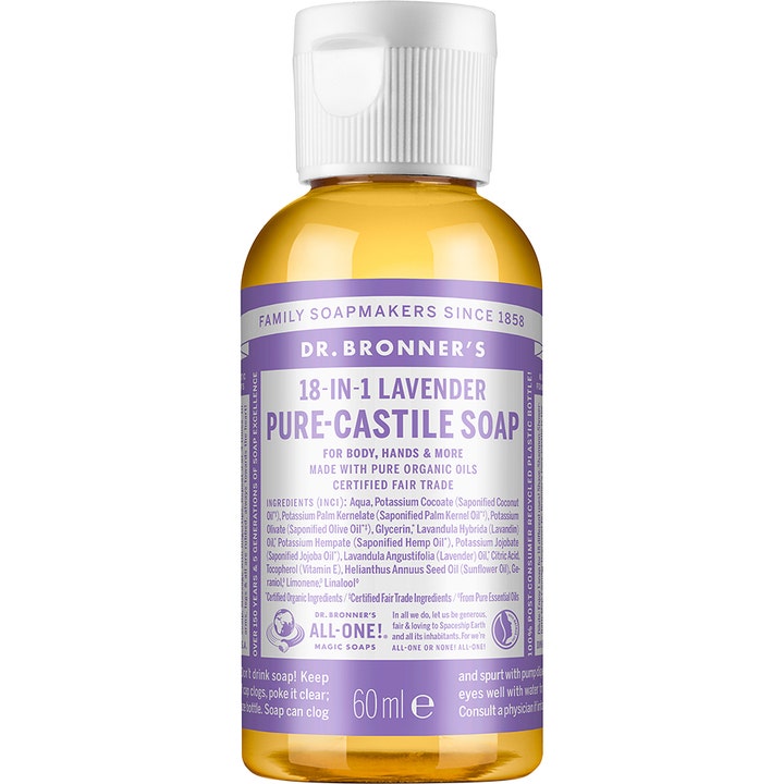 Dr. Bronner’s 18-in-1 Lavender Pure-Castile Soap 60 ml beroligende kropssæbe i lille flaske med lilla label og hvidt låg