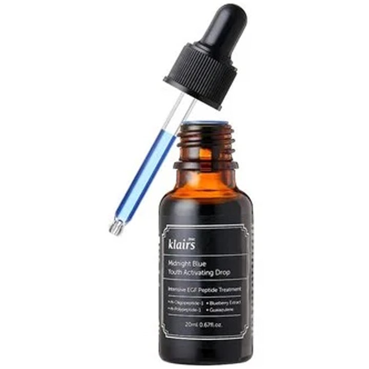 Klairs Midnight Blue Youth Activating Drop 20ml anti-age serum med blå væske i glaspipette og brun glasflaske