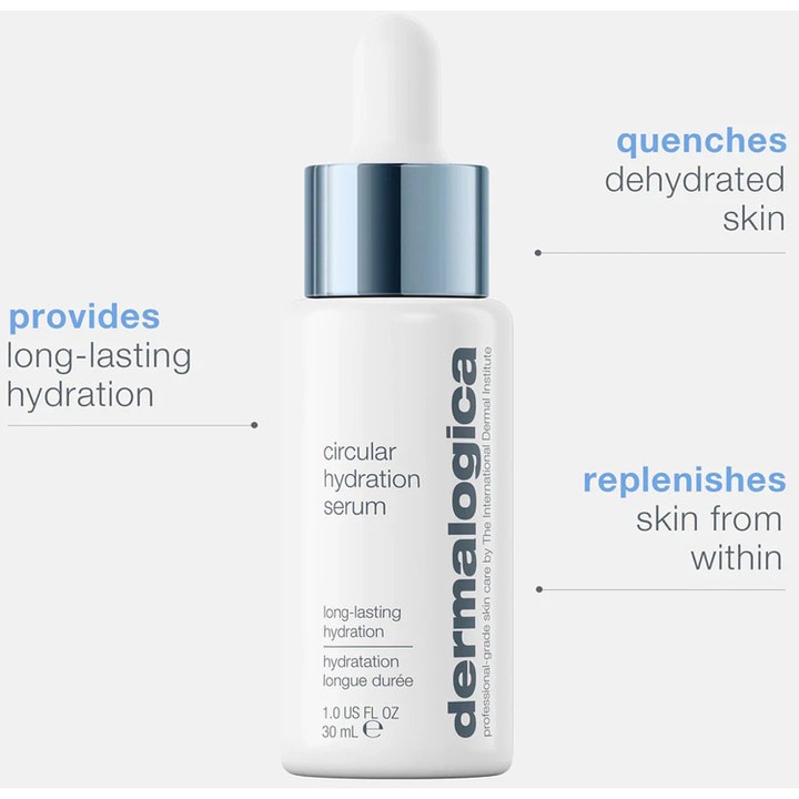 Dermalogica Circular Hydration Serum 30 ml fugtgivende serum i hvid flaske med tekst om at slukke hudens tørst.