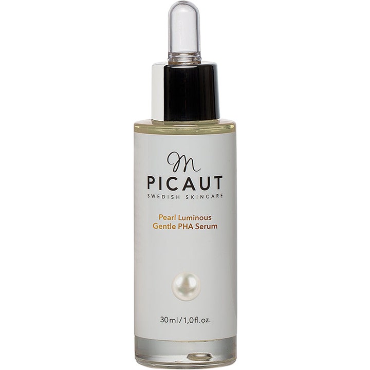 M. Picaut Pearl Luminous Gentle PHA Serum 30 ml eksfolierende ansigtsserum i hvid glasflaske med sølvfarvet pipette