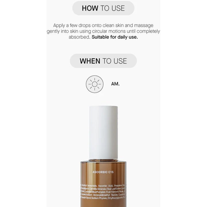 Niche Beauty Lab Transparent Lab Ascorbic C15 Serum 30 ml giver glød med infografik om daglig brug om morgenen