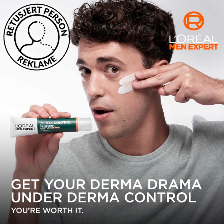 L'Oréal Paris Men Expert Derma Control 40 ml dagcreme med SPF30 påføres direkte på huden fra en grøn tube.