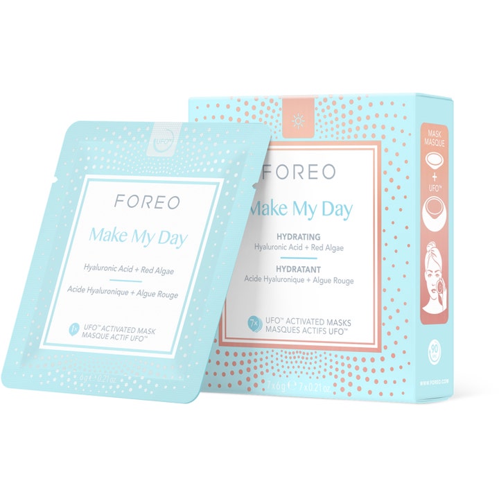 Foreo Make My Day 7x6g fugtgivende ansigtsmaske med hyaluronsyre i lyseblå æske og kuvert med prikmønster