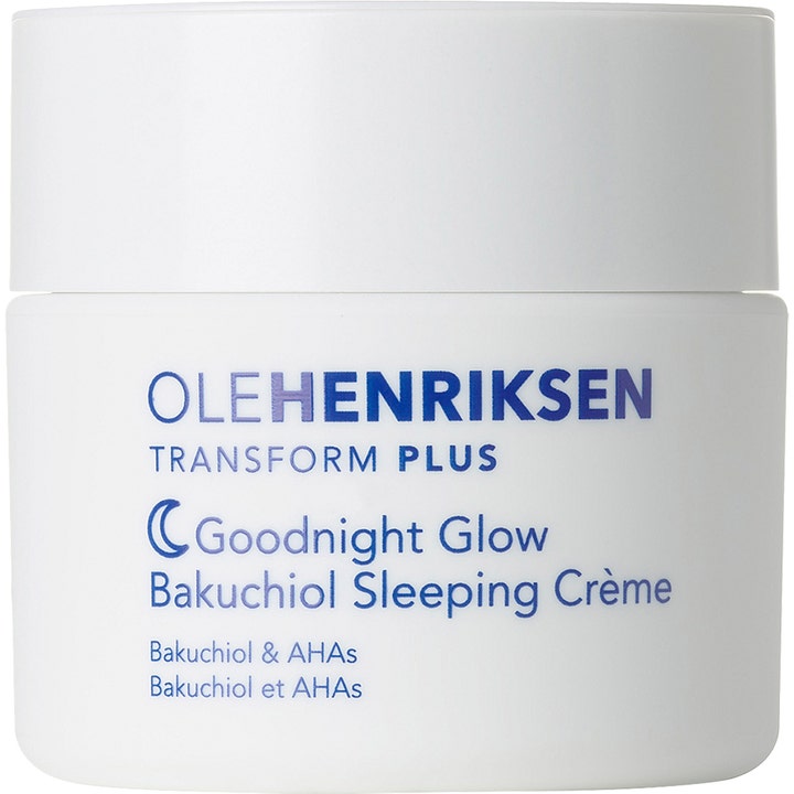 Ole Henriksen Goodnight Glow Bakuchiol Sleeping Crème 50 ml eksfolierende natcreme i hvid krukke med blå tekst