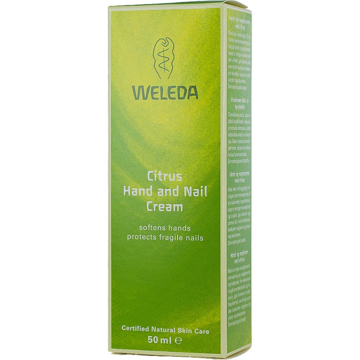 Weleda Citrus Hand And Nail Cream 50 ml plejende handcreme i grøn papæske der blødgør hænder og beskytter negle