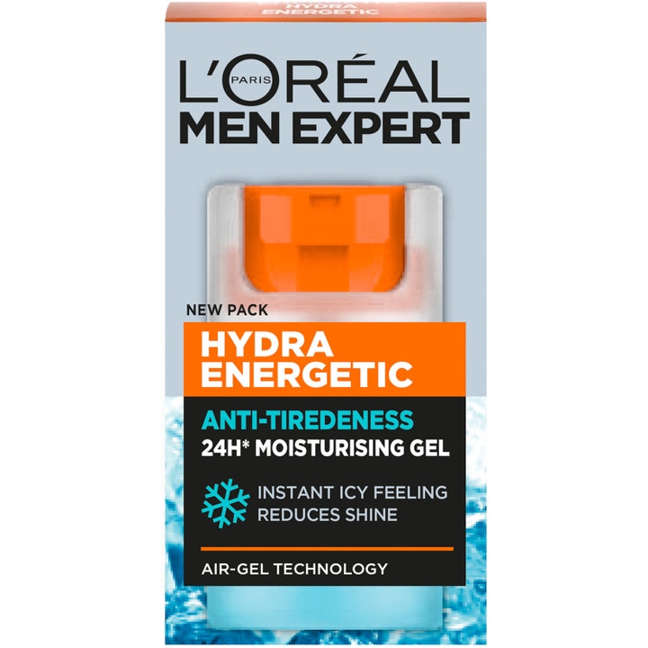 L'Oréal Paris Men Expert Hydra Energetic 50 ml fugtgivende ansigtsgel mod træthedstegn i pakke med orange pumpe.