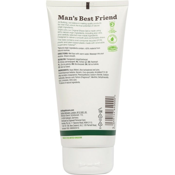 Bulldog Original Shave Gel 175 ml gennemsigtig rakgel på tube med ingrediensliste og vegansk logo bagpå