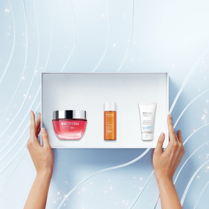 Biotherm Blue Peptides Uplift Cream SPF30 Holiday Set 1 stk opstrammende pleje i hvid æske med pink krukke og tube.