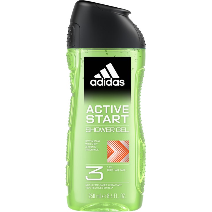 Adidas Active Start Shower Gel 250 ml revitaliserende 3-i-1 vask i gennemsigtig grøn flaske med sort kliklåg