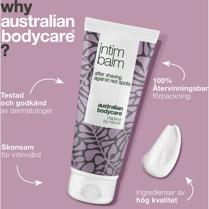 Australian Bodycare Intim Balm 100 ml mod røde knopper i hvid tube med lilla blade og cremet tekstur.