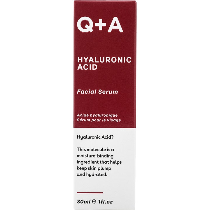 Q+A Hyaluronic Acid Facial Serum 30 ml fugtgivende serum i rød og hvid emballage der giver gennemfugtet hud.