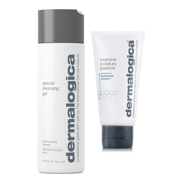 Dermalogica Moisture Duo Rens og fugtighedscreme i hvid flaske og tube der giver en gennemfugtet hudbalance