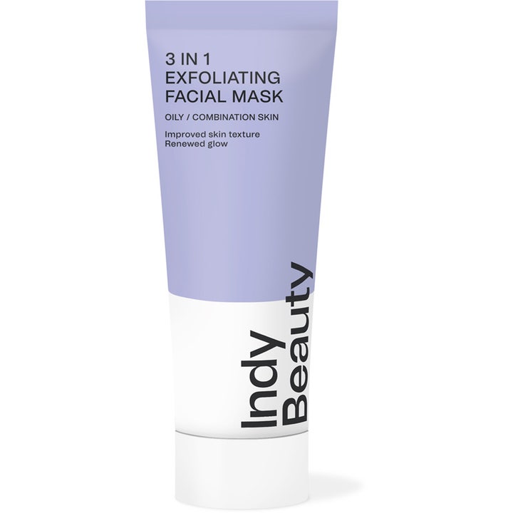 Indy Beauty 3 in 1 Exfoliating Facial Mask eksfolierende ansigtsmaske som giver glød i lilla og hvid tube