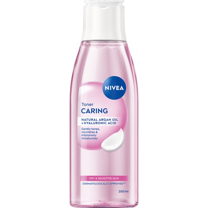 Nivea Caring Toner 200 ml plejende ansigtsskintonic i klar flaske med lyserød væske og hvidt låg