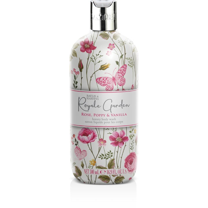 Baylis & Harding Royale Garden 500 ml luksuriøs body wash i hvid flaske med lyserøde blomster og sommerfugle.