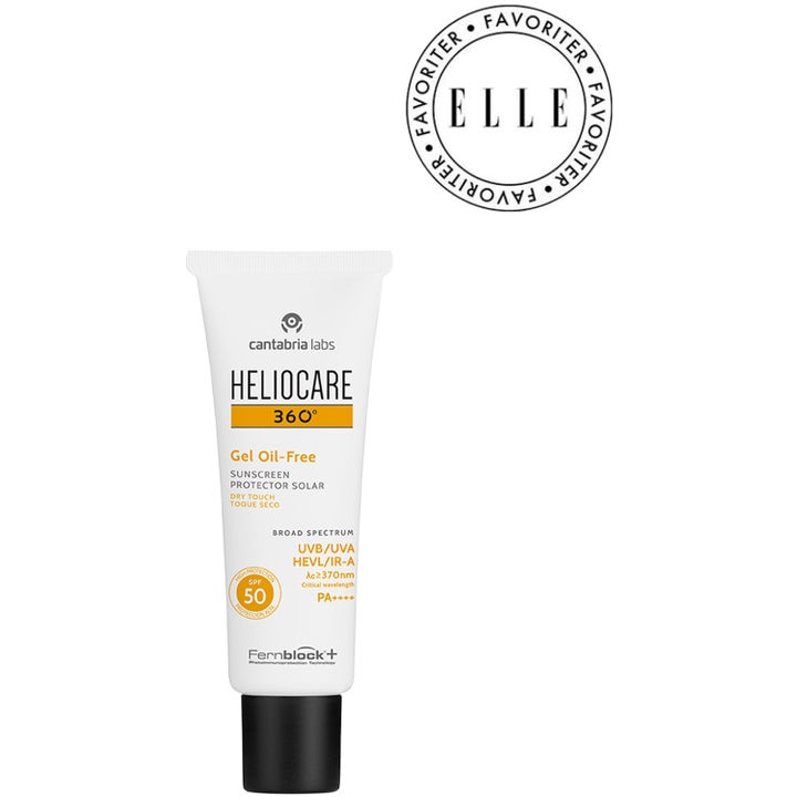 Heliocare 360° Gel Oil Free SPF 50+ 50 ml solcreme giver mat finish i en hvid tube med sort låg og Elle Favoriter mærke.