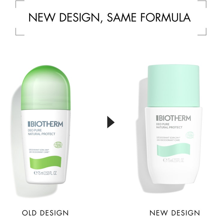 Biotherm Deo Pure Ecocert Roll-On 75 ml deodorant viser sammenligning af gammelt og nyt design med lysegrønt låg