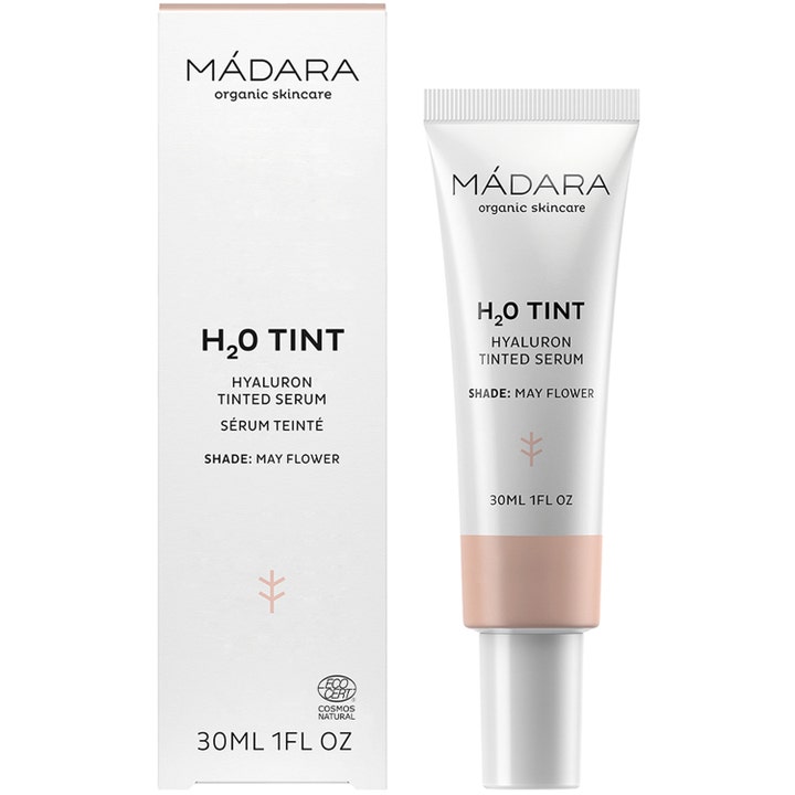 MÁDARA H2O Tint Hyaluron Tinted Serum 30 ml fugtgivende serum i hvid tube og æske i farven May Flower