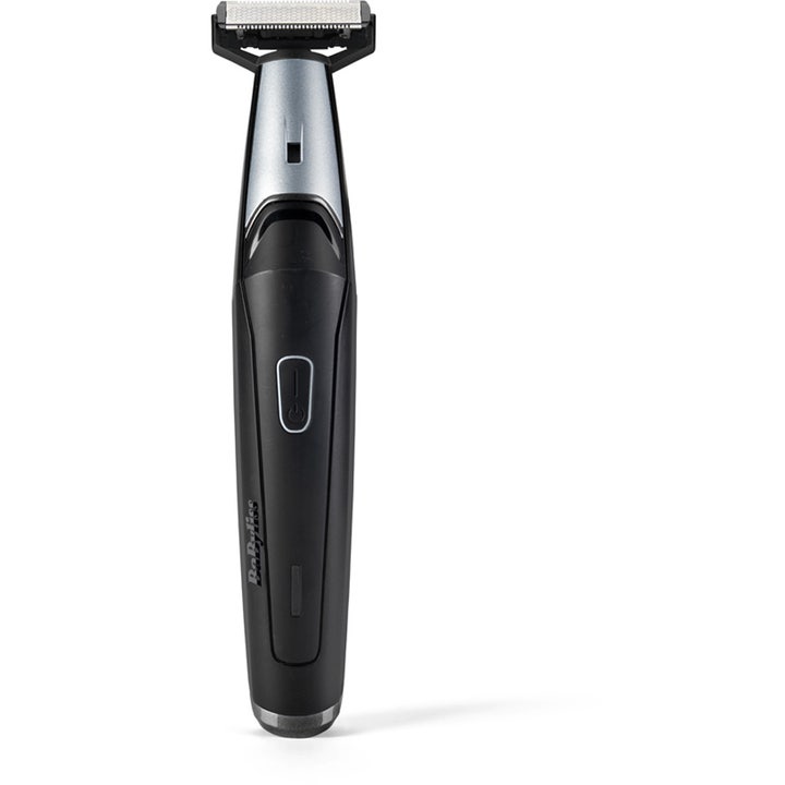 BaByliss skægtrimmer til præcis styling i et slankt sort og sølvfarvet design med et skarpt skærehoved.