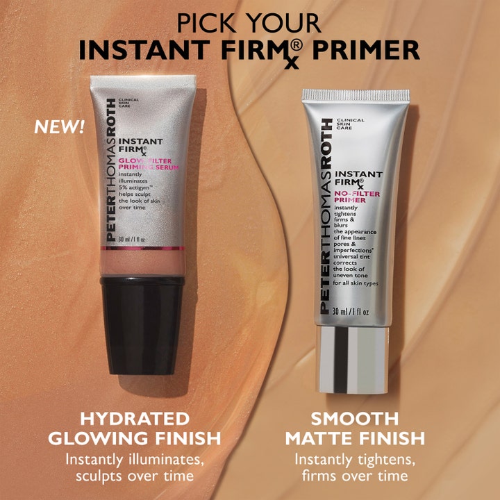 Peter Thomas Roth Instant FIRMx Glow-Filter Priming Serum 30 ml giver glød i bronzetube ved siden af sølvfarvet primer