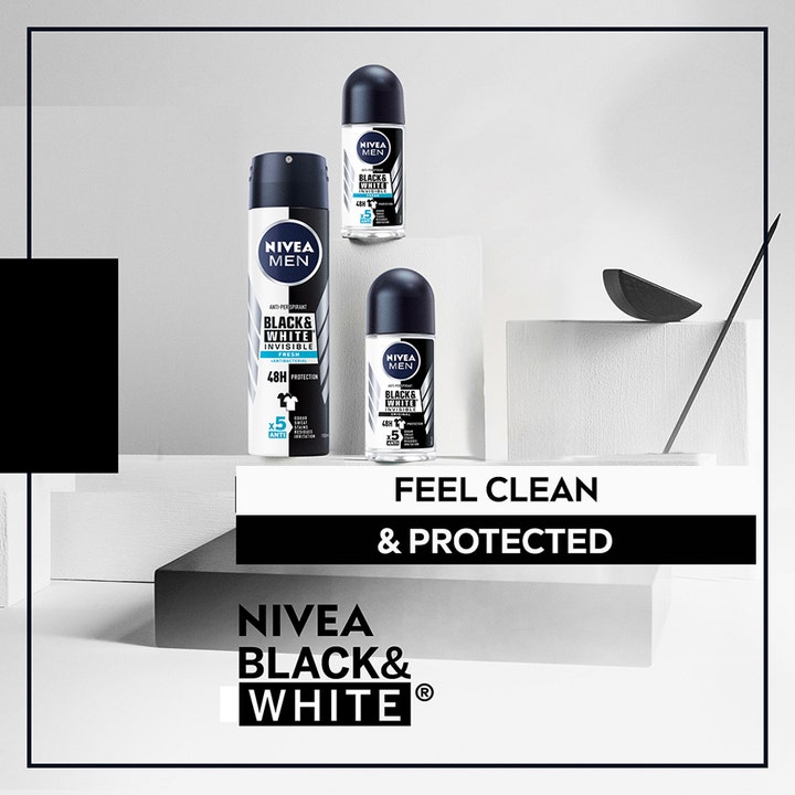 NIVEA MEN Black & White Fresh 150 ml deodorant spray mod pletter vist med roll-ons på minimalistiske hvide blokke