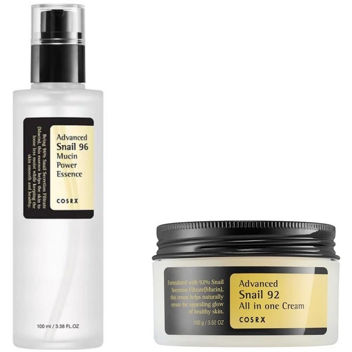 COSRX Advanced Snail 96 Essence 100ml og 92 Cream 100g fugtgivende duo der giver glød i hvid pumpeflaske og krukke