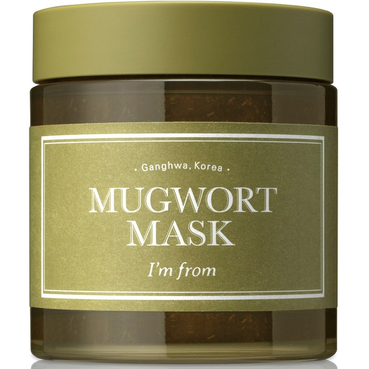 I'm from Mugwort Mask 110g beroligende ansigtsmaske i en mørk glaskrukke med olivengrønt låg og etiket