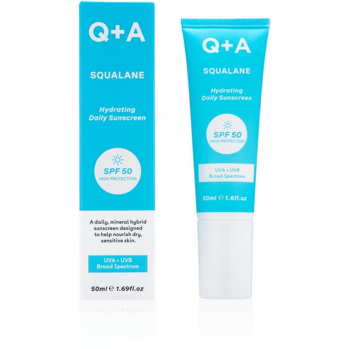 Q+A Squalane Hydrating Face Sunscreen 50 ml fugtgivende solcreme SPF 50 i turkis tube og papæske
