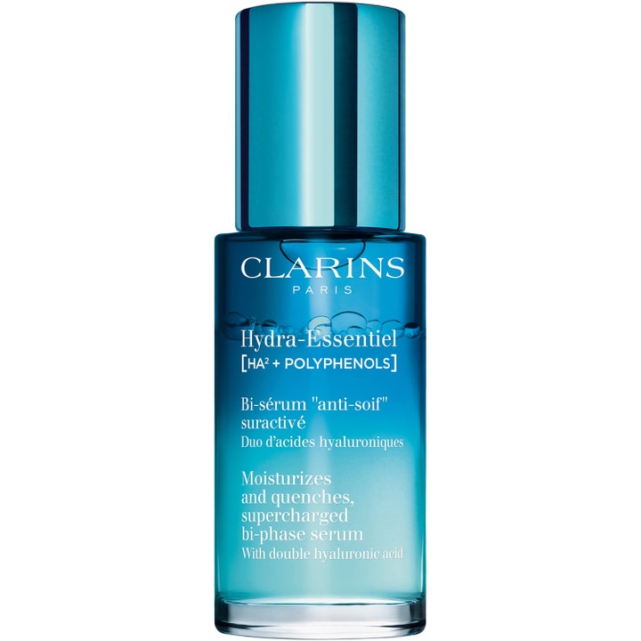 Clarins Hydra-Essentiel Bi-Phase Serum fugtgivende ansigtsserum i blå gradient glasflaske med to-faset formel