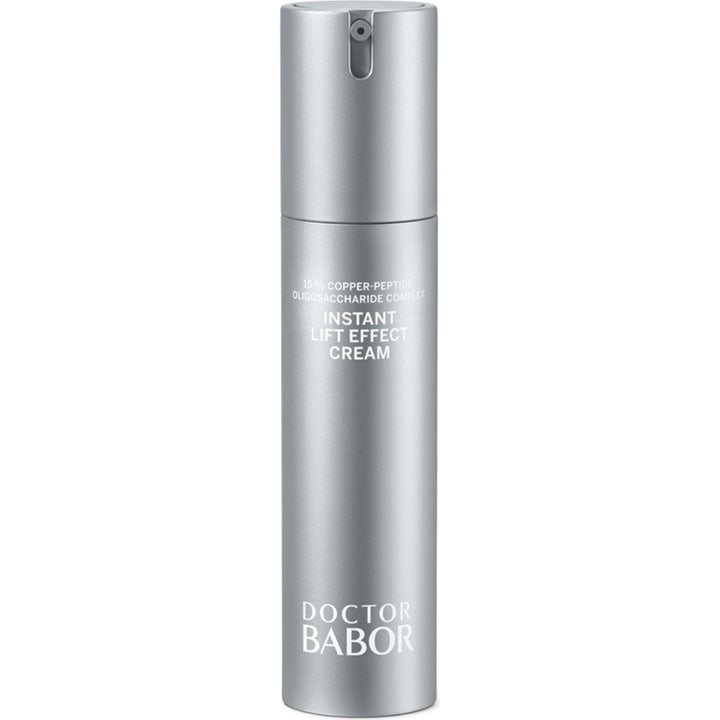 Doctor Babor Instant Lift Effect Cream opstrammende ansigtscreme i en elegant sølvfarvet cylinder med pumpe.