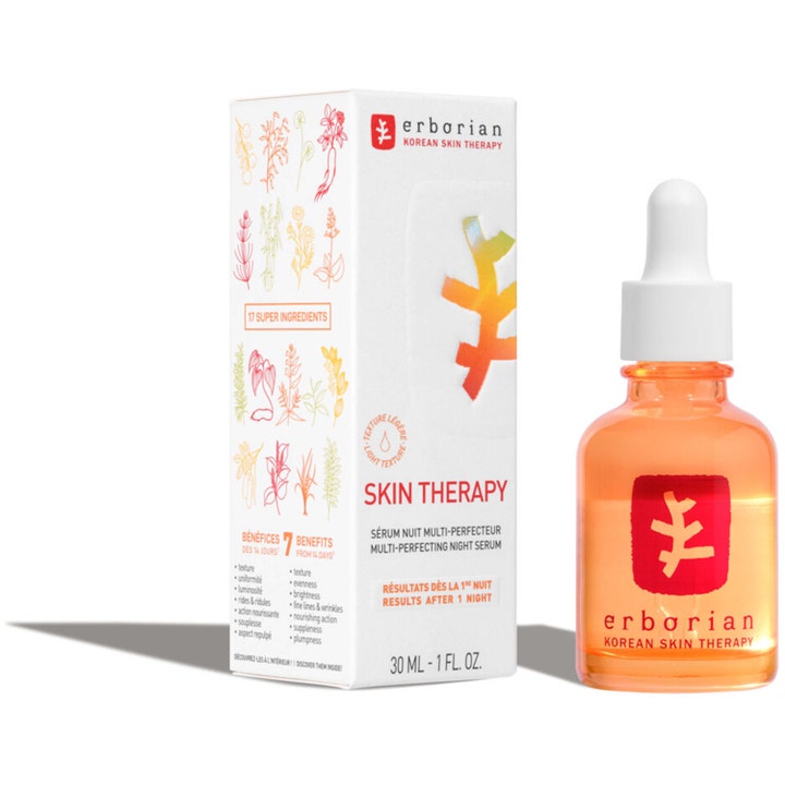 Erborian Skin Therapy Light 30 ml natserum der giver glød i orange glasflaske med pipette og hvid æske